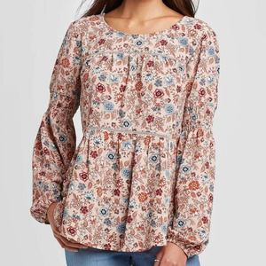 Knox Rose Tiered Peasant Top Womens XXL Blush Pink Floral Tasseled Boho Blouse